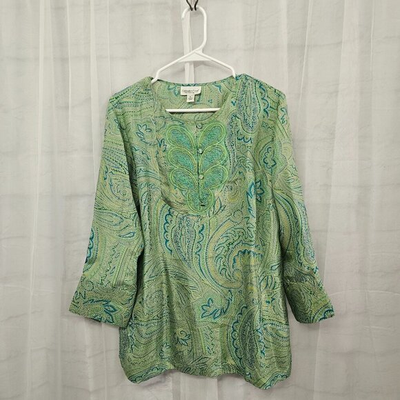 Coldwater Creek Green Blue Paisley Silk Blouse Peasant Retro Embroidered PL - Picture 9 of 13